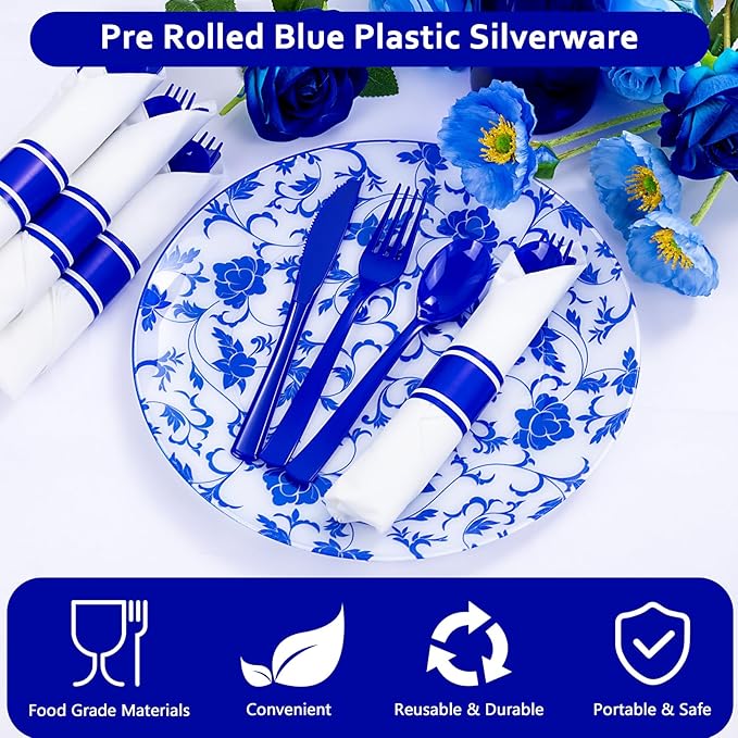 400PCS Pre Rolled Blue Plastic Silverware Sets - Heavy Duty Blue Cutlery - Include 100 Pack Wrapped Disposable Utensils with Napkins for Parties & Dinners & Weddings