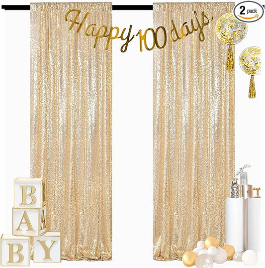 ShinyBeauty Light Gold Backdrop Sequin Curtains 4FTx7FT 2 Pieces Photograph Backdrops Golden Curtain Panels Shimmer Background for Birthday,Party,Wedding,Photoshoot Decor(8FTX7FT)