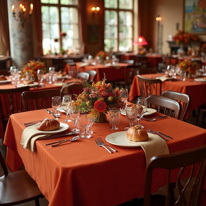 sancua Thanksgiving Square Tablecloths 85x85 Inch Rust, 2 Pack Fabric Fall Table Cloth for Square or Round Tables, Burnt Orange Washable Polyester Table Cover for Dinner, Holiday Party, Display Tables