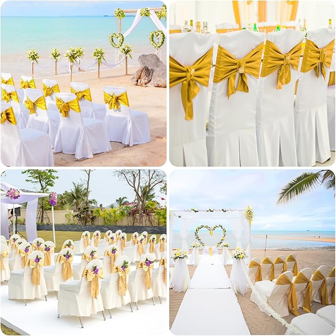50 PCS Gold Satin Chair Sashes Bows Universal Chair Ribbon Ties Back Sash for Wedding Party Reception Events Banquets Hotel Event Chair Cover Decoration (7x108 inch)
