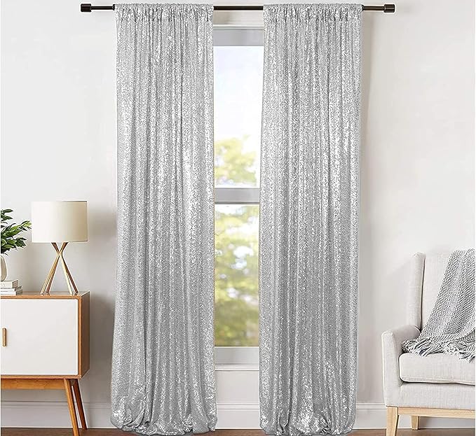 Silver Sequin Backdrop Curtains - 2 Panel 2FTx8FT Glitter Drapes for Wedding, Birthday, Bridal Party