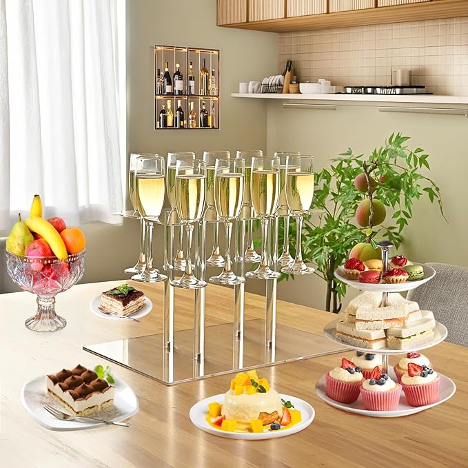 Champagne Tower, Rectangle Acrylic Champagne Display Rack Stand with 32 Slots, 3 Tier Floating Sight Champagne Flute Holder for Party, Wedding, School, Celebration, 17.3x11.8x25.5inch, 2 Pcs