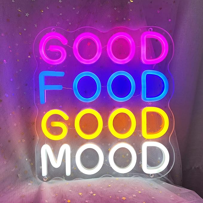 Good Food Good Mood Neon Signs for Wall Decor, Food Neon Sign Mood Neon Light for Snack Shop Restaurant Food Bedroom Room Cafe, 9.3"" x 10.2""