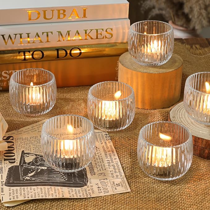Set of 6 Ribbed Glass Votive Candle Holders, Clear Glass Tealight Holders for Taper Candles - Elegant Table Centerpieces for Weddings, Christmas, Parties, and Home Decor