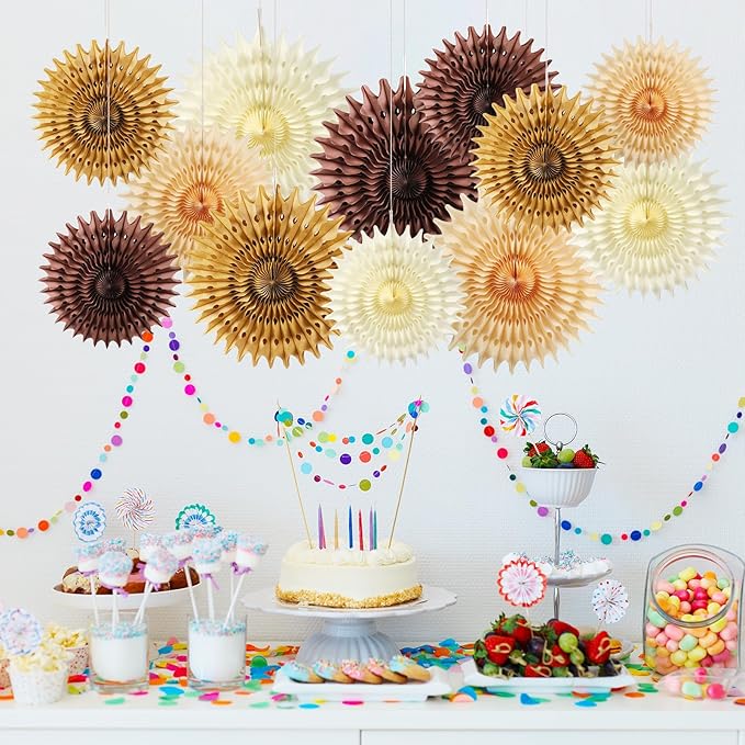 12PCS Paper Fans Brown Neutral Boho Party Decorations Tissue Paper Flowers Decorations for Girl Groovy Birthday Baby Shower Wedding Bachelorette Room Wall Hanging Décor