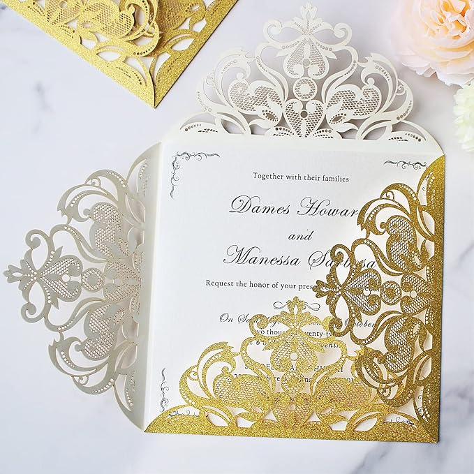Hosmsua 6.3 x 6.3 Inch 50PCS Gold Glitter Laser Cut Wedding invitation Cards with Envelopes Hollow Lace Rose Invitation for Engagement Wedding Bridal Shower Invite (Gold Glitter)