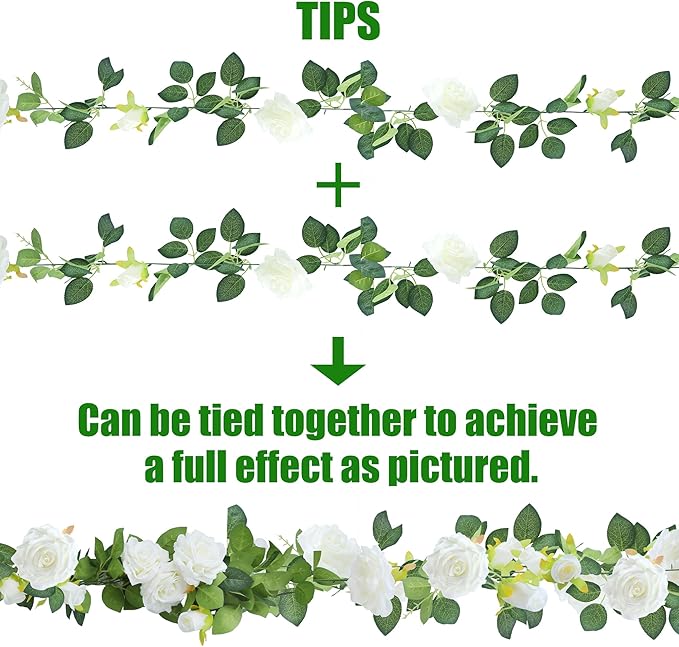 Sggvecsy 2Pcs 15.5Ft Artificial Rose Vine Fake Flower Garland Floral Garland Faux Silk Hanging Vine Rose Ivy Vines for Wedding Arch Party Wall Garden Ceremony Background Outdoor Decor (White)