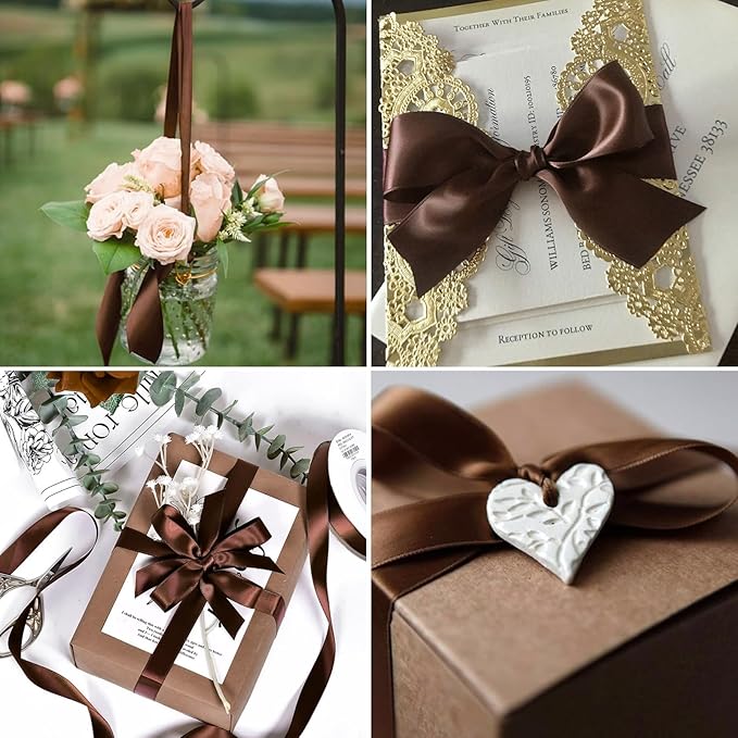 1" x 50 Yards Brown Satin Ribbon Single Faced Fabric Ribbons for Gift Wrapping, Crafting, Bows Making, Flower Bouquet, Wedding, Home Decor