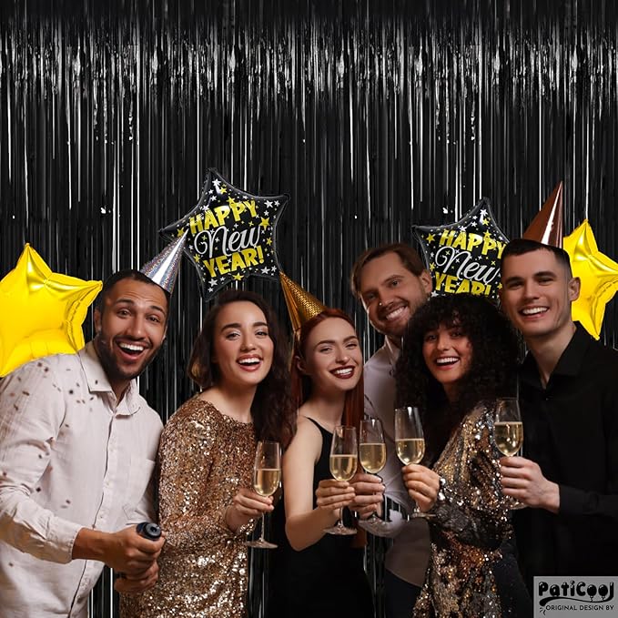 Halloween Decorations Black Streamers - Thicken 4 Pack 3.2 x 8.2 FT - Black Tinsel Foil Fringe Backdrop Curtains, Photo Booth Props for Birthday, Halloween, Retirement, Bachelor Party Decorations