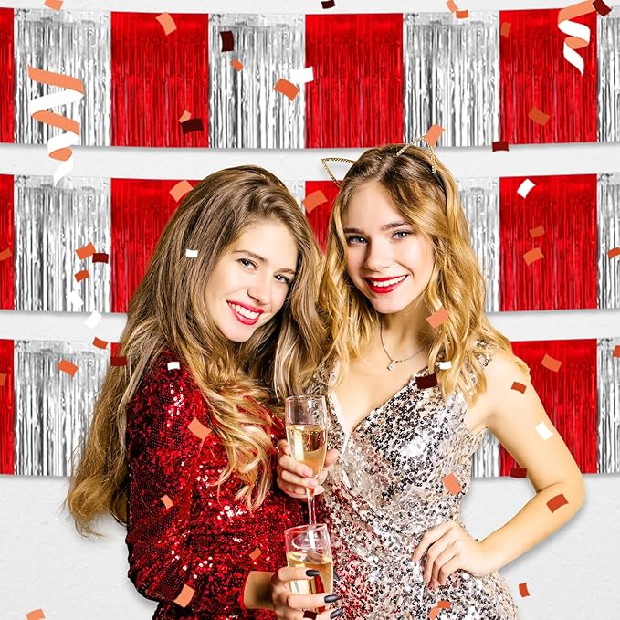 4 Pack 10 Feet Red Silver Foil Fringe Garland Metallic Tinsel Streamers Banner Wall Hanging Curtain Backdrop for Parade Floats, Wedding, Graduate, Mother's Day, Birthday Party Decoration