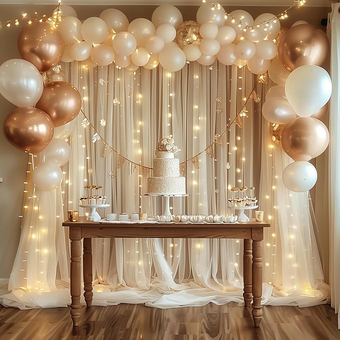Fomcet Tulle Backdrop Curtains Champagne 20FT X 10FT Tulle Curtains with Lights String Sheer Backdrop Curtain for Parties Wedding Baby Shower Photo Shoot Decorations (4 Panels 5 x 10FT)