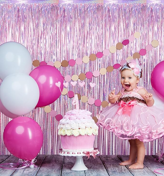 GOER 3.2 ft x 8.2 ft Metallic Tinsel Foil Fringe Curtains Party Photo Backdrop Party Streamers for Birthday,Graduation,New Year Eve Decorations Wedding Decor(1 Pack,Laser Pink)