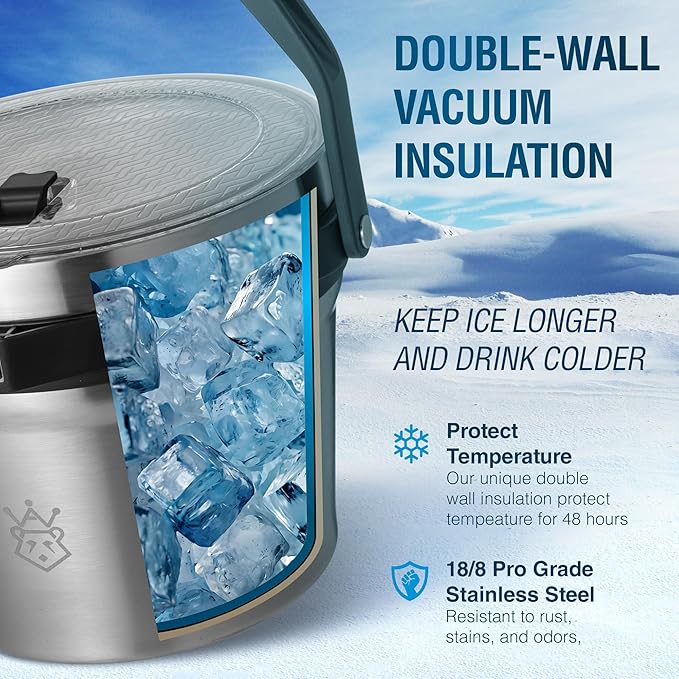 Insulated Ice Bucket with Lid & Scoop-XL Double-Walled, bar Essentials for Entertaining, Holiday Party, Stainless Steel Wine Chiller, Beverage Tub with Handle, Bottle Opener, Great Gift(Steel Black)
