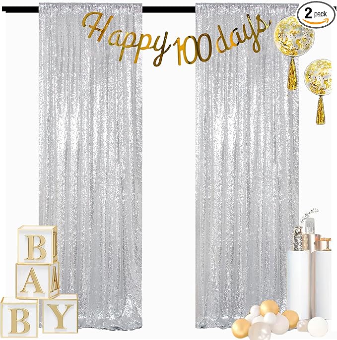 ShinyBeauty Silver Sequin Backdrop 2 Pieces, Photograph Background 7FTx7FT Shiny Gray Backdrop Curtains Panels Sparkly Backdrops Glitter Drapes for Weddding,Parties,Studio,Photo Decor（14FTx7FT）