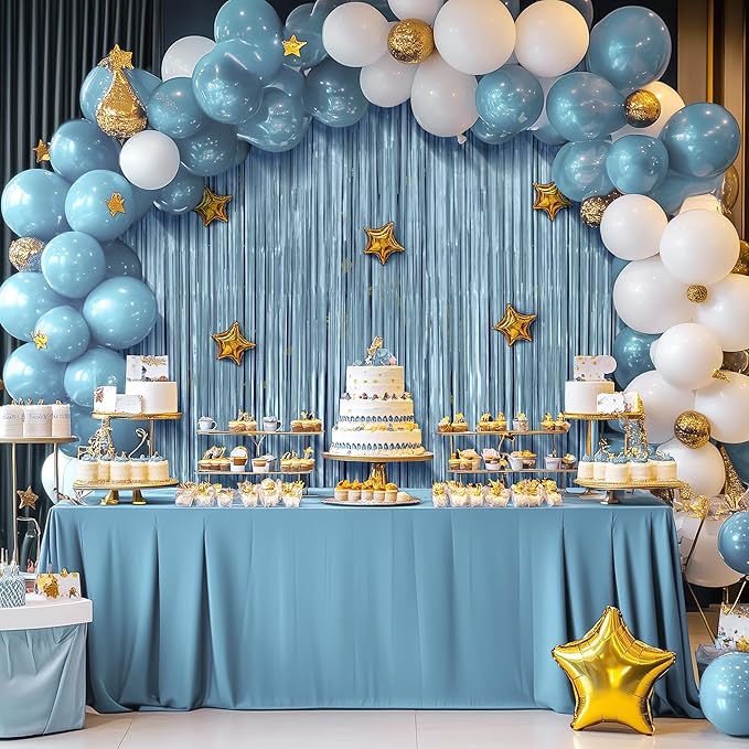 2 Pack Metallic Light Blue Fringe Backdrop, 3.2x8.2ft Shining Foil Tinsel Curtains, Birthday Party Decorations Door Streamers for Halloween, Christmas, Wedding, Graduation, Holiday, Theme Events