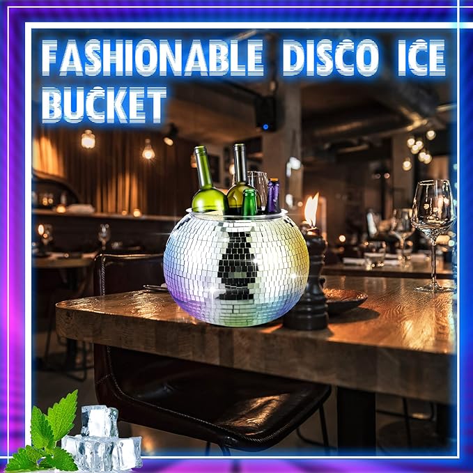 Hoolerry 11L Disco Ball Ice Bucket Mirror Silver Disco Party Champagne Bowl Cup Mirror Ball Themed Beer Bucket Disco Party Supplies Bar Cart Decor for Beer Cocktail Wine Champagne Cooler
