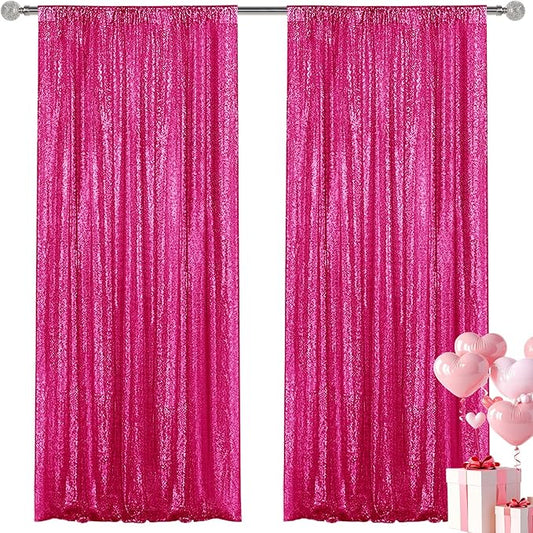 Fuchsia Sequin Backdrop Curtain 2 Pieces 2FTx8FT Glitter Photography Backdrop for Party Wedding Birthday Christmas Decorations