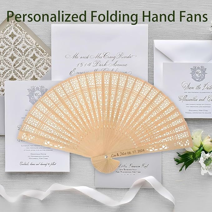 100Pcs Wedding Fans Personalized Folding Hand Fans Custom Sandalwood Wedding Fans with Organza Bags Wedding Party Favor Wedding Fans for Guests (10)