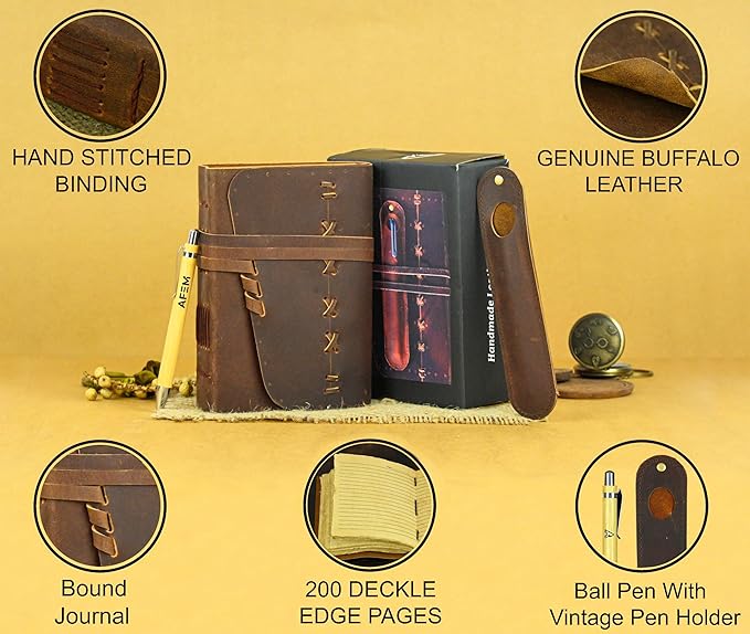 Leather Journal Notebook for Men & Women Daily Vintage Leather Bound Journal Travel Notebook 200 Deckle Lined Paper Diary Writing Journal Travelers Scrapbook Poetry Sketchbook Leather Gifts with Pen