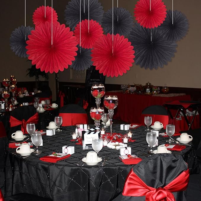 20 Pcs Black Red Hanging Paper Fan, Hanging Honeycomb Round Paper Fans for Weddings, Birthdays, Christmas, Baby Showers, Classroom, Events Ceiling Party Supplies Decorations
