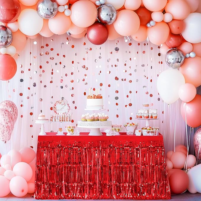 2 Pack Red Dark Blue Table Skirts, 29x108" Metallic Foil Tinsel Fringe Table Skirt for Rectangle Tables Streamer Curtains Backdrop, Party Decorations for Birthdays, Weddings, Holidays