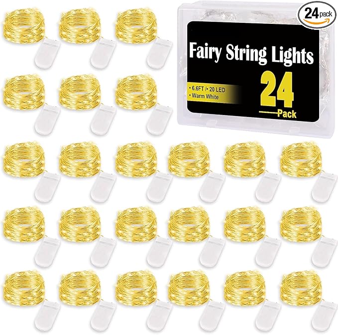 24Pack Fairy Lights,Battery Operated String Light,6.6FT 20 LED Mason Jar Lights,Waterproof Silver Wire Firefly Light,Mini String Light for Mason Jars Wedding Party Christmas Decor,Warm White