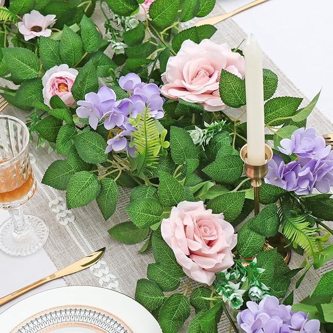 Dremisland 2PCS Artificial Rose Vine Fake Flower Garland 6FT Faux Silk Rose Hanging Vine Floral Garland Daisies Hydrangeas Ivy Vines for Wedding Party Wall Arch Garden Background Decor