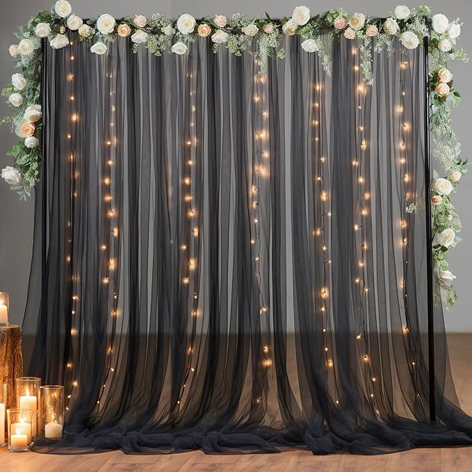 10×10ft Black Tulle Backdrop Curtain with Lights String for Parites, Sheer Photo Backdrop Curtains for Wedding Party Photography Background