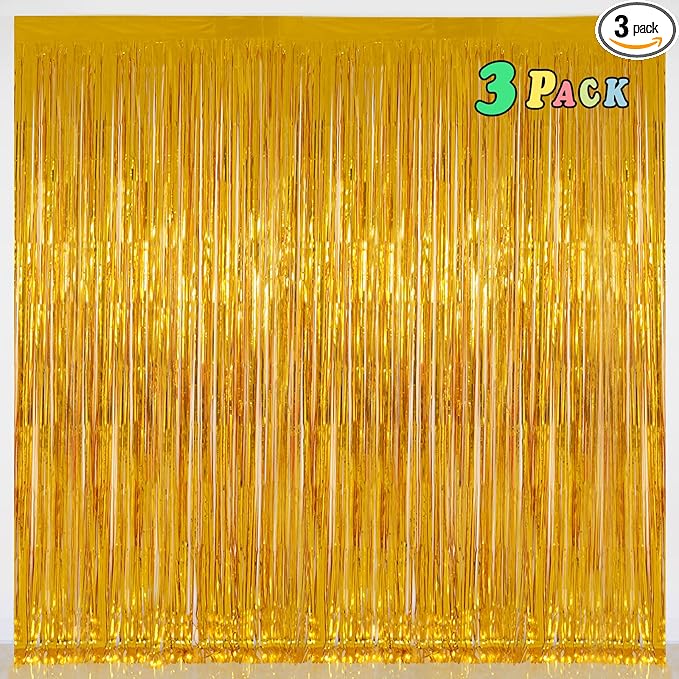 Foil Fringe Curtains Party Decorations - Melsan 3 Pack 3.2 x 8.2 ft Tinsel Curtain Party Photo Backdrop for Birthday Party Baby Shower or Graduation Decorations (Pure Gold)