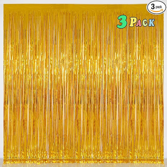 Foil Fringe Curtains Party Decorations - Melsan 3 Pack 3.2 x 8.2 ft Tinsel Curtain Party Photo Backdrop for Birthday Party Baby Shower or Graduation Decorations (Pure Gold)