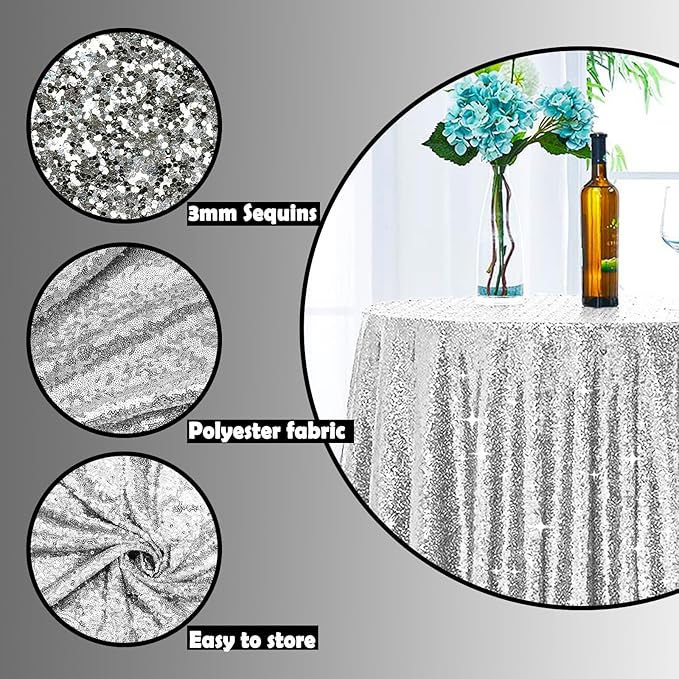 6 Pcs Silver Sequin Tablecloth 50Inch Silver Round Tablecloth Overlay Round Table Cloth Silvers Glitter Tablecloth Round Sparkly Drape Tables Cloth for Wedding Party Cake Holiday Banquet
