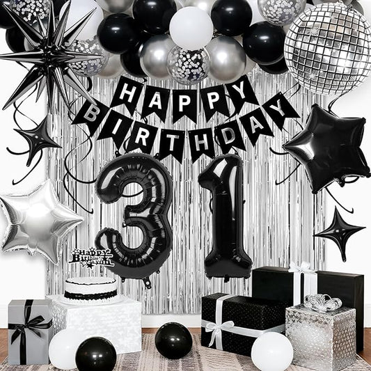 31st Birthday Decorations for Men Women, Black Silver Happy Birthday Party Decorations， 31 Year Old Party Supplies with Number 31 Balloons, Banner, Fringe Curtains Kit