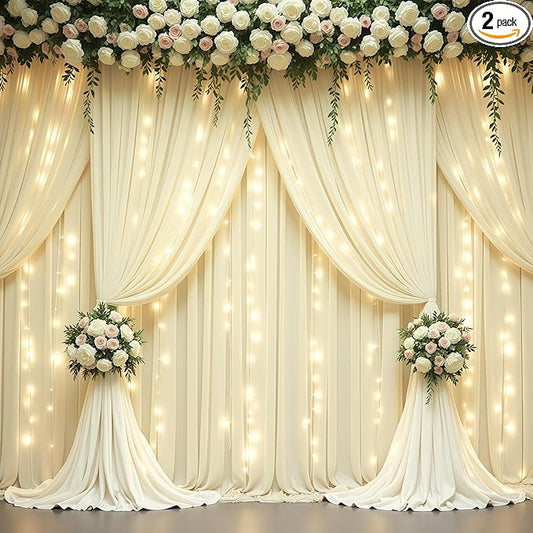 Beige Backdrop Curtains with Lights String for Parties,10x10FT Wrinkle Free Polyester Wedding Photo Backdrop Curtains for Baby Shower Birthday Ceremony Reception Home Party Decorations