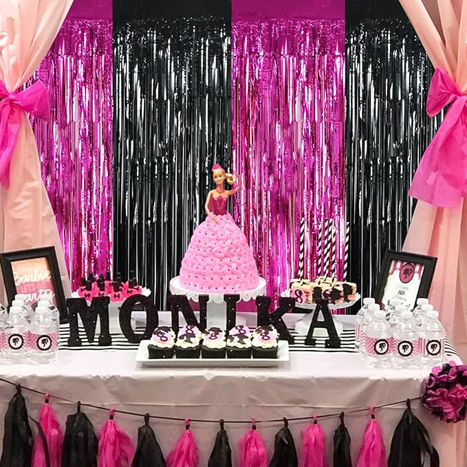 BEISHIDA 4 Pcs Hot Pink Black Door Streamers Curtain Party Streamers Backdrop Pink Party Hot Pink Wall Background for Party Decoration Photo Booth Props(3.28 ft x 6.56 ft)