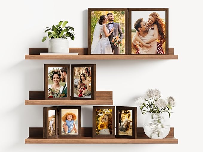 decorUhome Double 4x6 Picture Frame Vertical, Engineered Wood Bifold Photo Frame with Plexiglass for Tabletop Display, 4x6, Brown