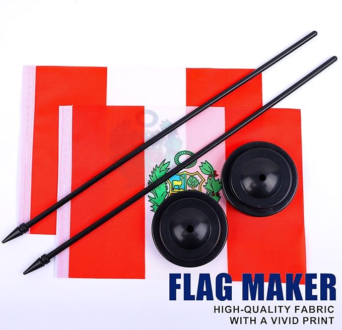 Peru Desk Flag 12" Solid Pole Deluxe Set Peruvian Flags Banner Mini Small Peru Office Table Flags with Black Stand Base Desktop Decorations(2Pack)