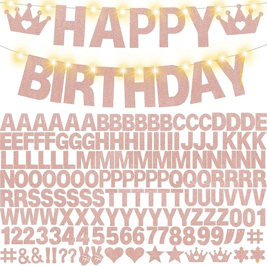 167Pcs DIY Glitter Customizable Banner Kit Custom Banner Happy Birthday Letters Happy New Year Personalized Banners Decor for Christmas Baby Shower Birthday Party Decoratation (Glitter Rose Gold)