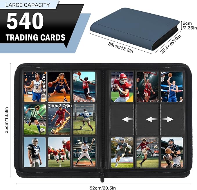 Card Binder 9 Pocket, Premium Zip Trading Card Binder, 540 Double Sided Pocket PU Collection Binder, Side-Loading Collector Album, Card Folder for MTG, TCG, Sports Cards, Navy Blue