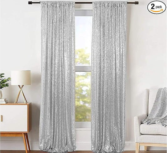 JYFLZQ Silver Sequin Backdrop Curtains 2ft x 8ft 2 Panel Glitter Photo Booth Backdrops Sparkly Photography Background Drapes for Parties Wedding Bridal Showers