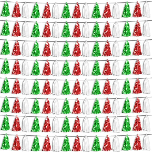 8P Red Green White Foil Fringe Metallic Tassel Streamers Banner Tassel Garland for Parade Floats, Graduation, Wedding, Birthday, Halloween, Christmas, Mexican Italian Birthday Party Decorations