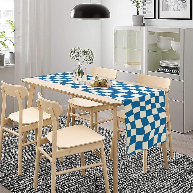 Table Flag Retro Plaid 60s70s Blue Plaid Table Flag Kitchen Restaurant Decoration Suitable for Indoor and Outdoor Festival Home Wedding Party Table Flag 13x70