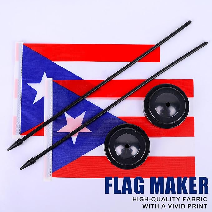 Puerto Rico Desk Flag 12" Solid Pole Deluxe Set Puerto Rican Flags Banner Mini Small Puerto Rico Office Table Flags with Black Stand Base Desktop Decorations(2Pack)