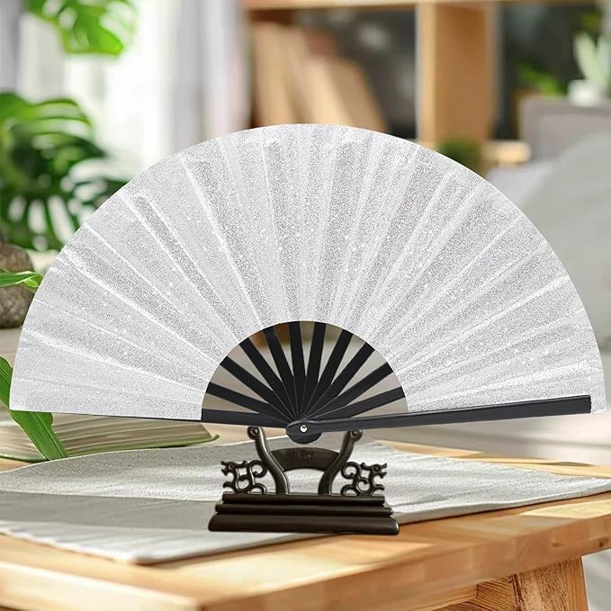 Glitter bling Large Folding Fan-Hand Fan Rave Clack Popping Fan for Line Dancing Clacking Fans for Boots On The Ground Dance, Party for EDM, Music Festival, Hot Flashes, Party, Decoration(3pcs silver)