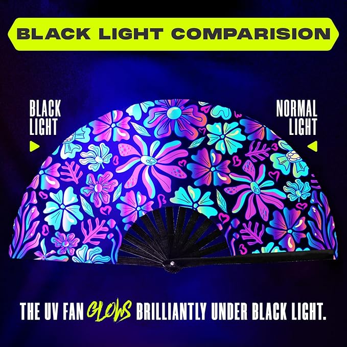 GloFX UV Glow Flower Fantasy Rave Fan - Vibrant Pink, Blue, and Purple Design - Large Folding Hand Held Fan for Festival Fashion & Festival Outfits for Women