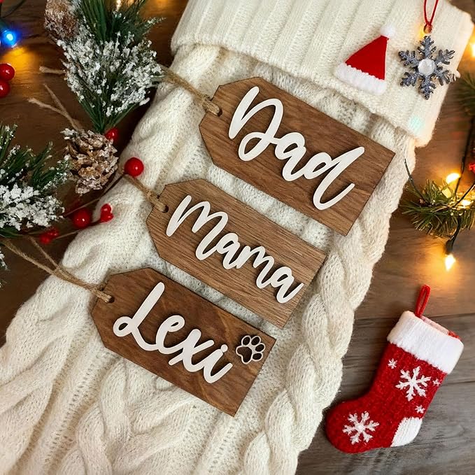 5Pcs Personalized Christmas Stocking Name Tags Custom Wooden Stocking Name Tag Customized Letters Tags Custom Xmas Stockings Hanging Tag Gifts for Christmas Stockings