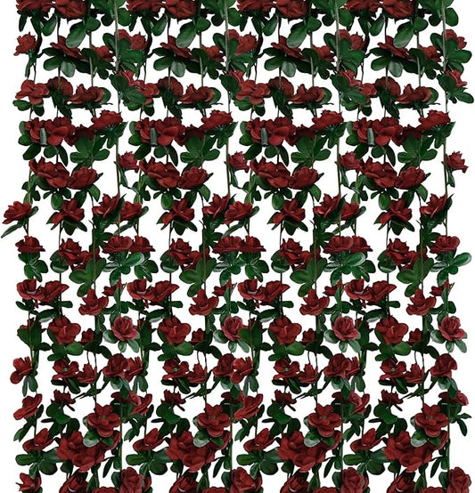 12 PCS 98.4 FT Artificial Flower Garland Red Rose Garland for Wedding Room Decor（12,Wine Red）