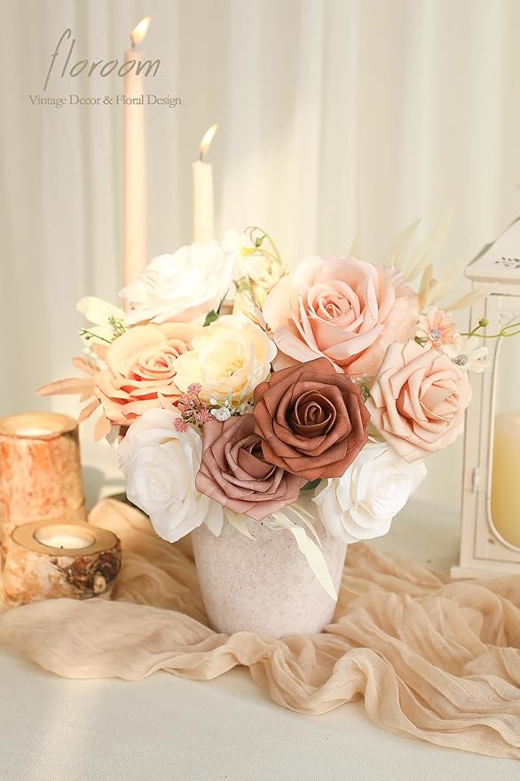Floroom Morandi Peach Artificial Flowers Fake Roses Peonies and Greenery Combo Box Set for DIY Wedding Bouquets Bridal Shower Centerpieces Floral Arrangements Party Tables Home Decorations
