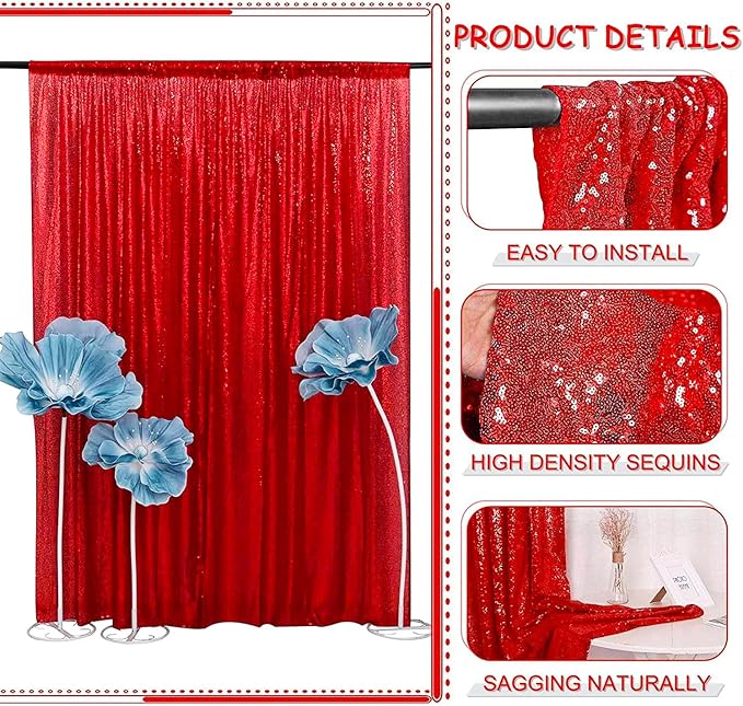Red Sequin Backdrop Curtains Glitter Drapes 2FTx8F 2 Panels for Wedding Birthday Party Decorations Bridal Baby Shower Party Supplies Sparkly Photography Background