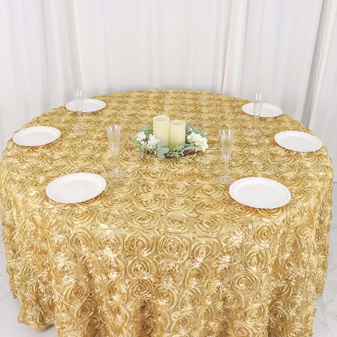 Efavormart 120" Wholesale Round Table Cover Champagne Grandiose Rosette 3D Satin Tablecloth for Wedding Party Event Decoration