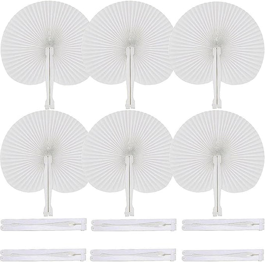 12 Pcs White Round Paper Folding Fans,Decorative Wedding Foldable Hand Handheld Fans Chinese and Japanese Fan Bulk for Bridal Guest Church Party Favors Dancing Birthday DIY